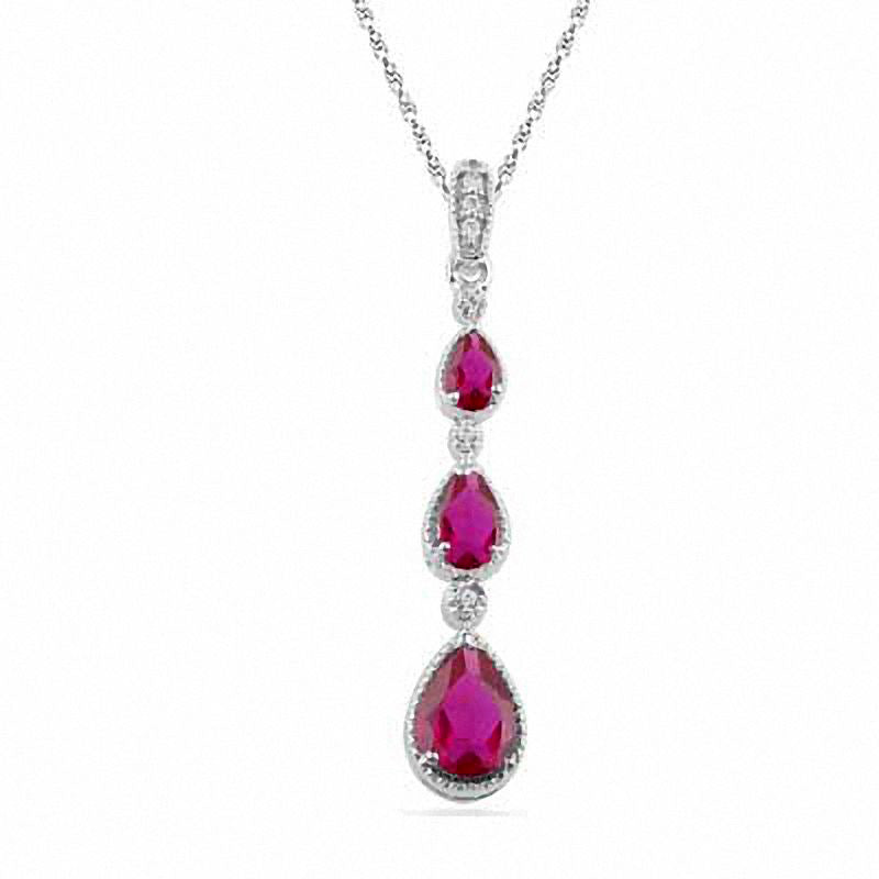 Pear-Shaped Lab-Created Ruby and Diamond Accent Drop Pendant in Sterling Silver