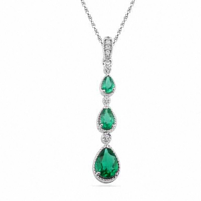 Pear-Shaped Lab-Created Emerald and Diamond Accent Drop Pendant in Sterling Silver