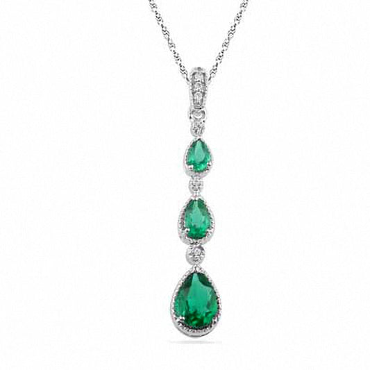 Pear-Shaped Lab-Created Emerald and Diamond Accent Drop Pendant in Sterling Silver