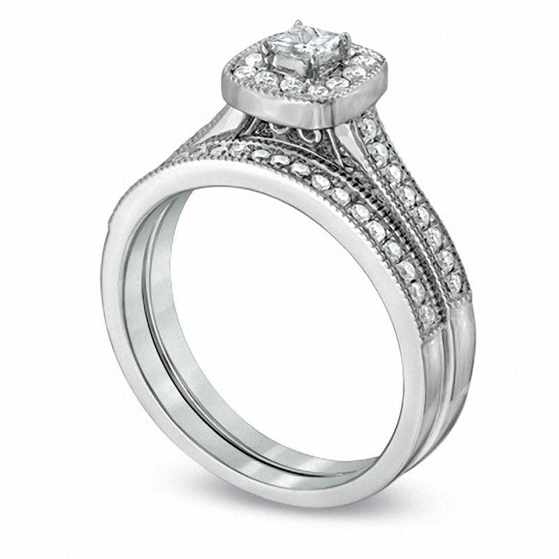 0.50 CT. T.W. Princess-Cut Natural Diamond Antique Vintage-Style Bridal Engagement Ring Set in Solid 10K White Gold