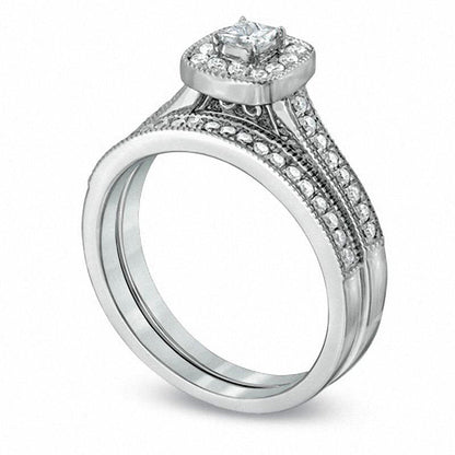 0.50 CT. T.W. Princess-Cut Natural Diamond Antique Vintage-Style Bridal Engagement Ring Set in Solid 10K White Gold