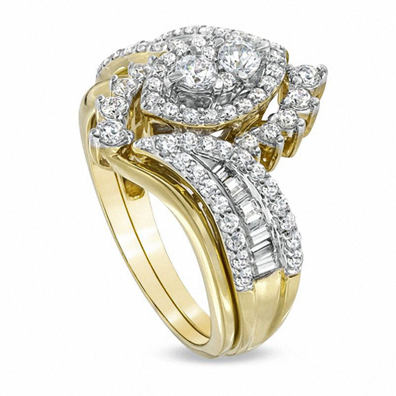 1.0 CT. T.W. Natural Diamond Marquise Cluster Bridal Engagement Ring Set in Solid 14K Gold