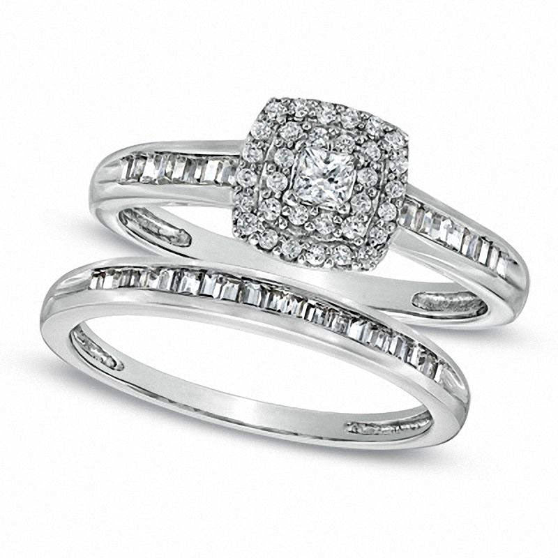 0.50 CT. T.W. Princess-Cut Natural Diamond Double Frame Bridal Engagement Ring Set in Solid 10K White Gold