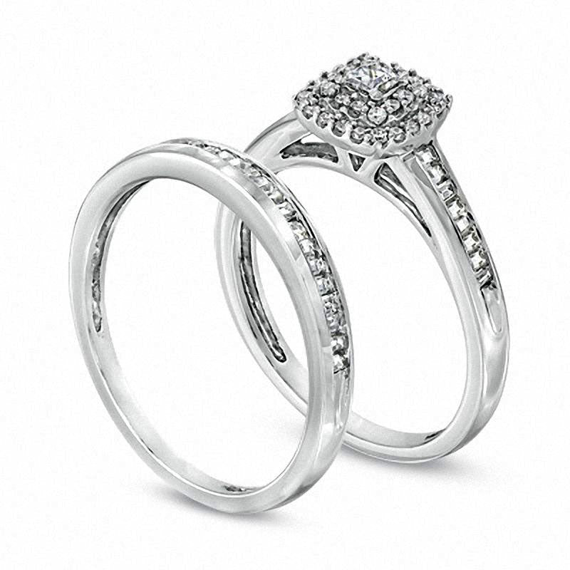 0.50 CT. T.W. Princess-Cut Natural Diamond Double Frame Bridal Engagement Ring Set in Solid 10K White Gold