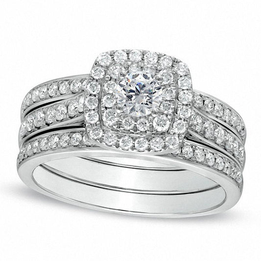 1.0 CT. T.W. Natural Diamond Double Frame Bridal Engagement Ring Set in Solid 10K White Gold