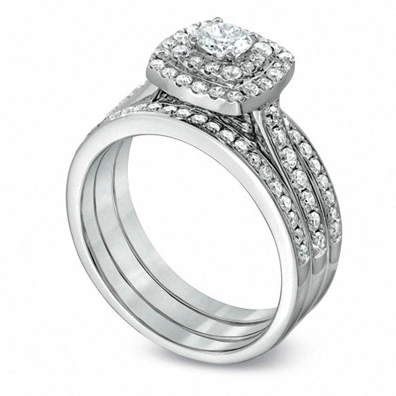 1.0 CT. T.W. Natural Diamond Double Frame Bridal Engagement Ring Set in Solid 10K White Gold