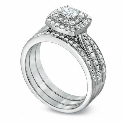 1.0 CT. T.W. Natural Diamond Double Frame Bridal Engagement Ring Set in Solid 10K White Gold