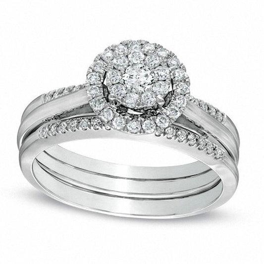 0.50 CT. T.W. Natural Diamond Cluster Frame Bridal Engagement Ring Set in Solid 10K White Gold