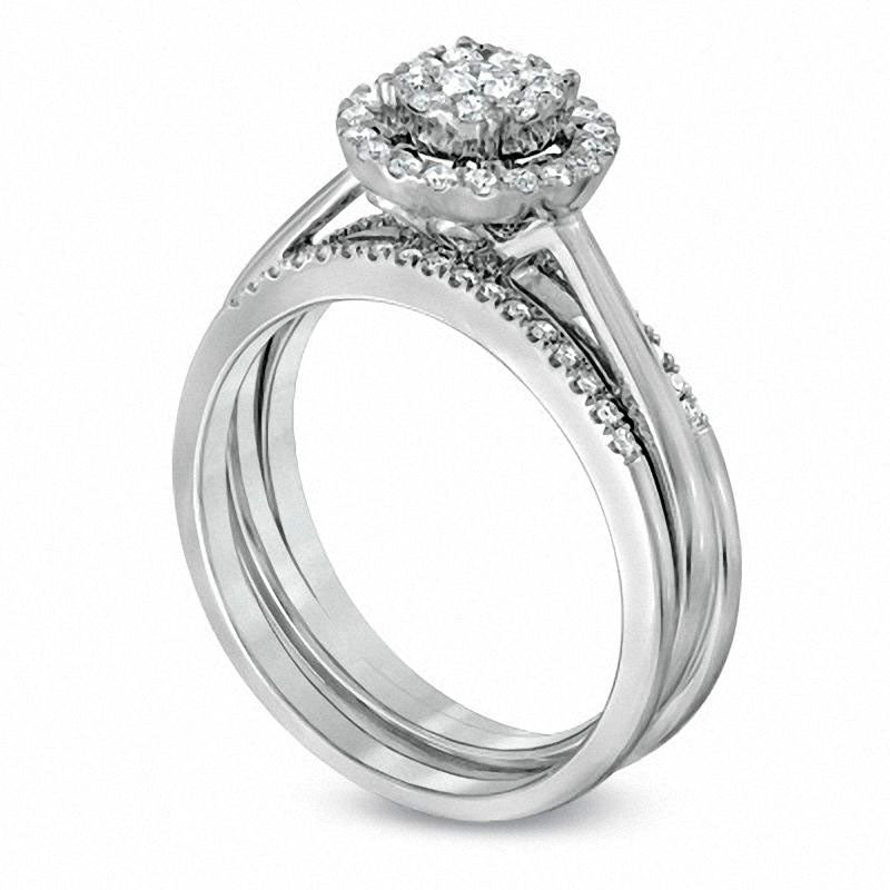 0.50 CT. T.W. Natural Diamond Cluster Frame Bridal Engagement Ring Set in Solid 10K White Gold