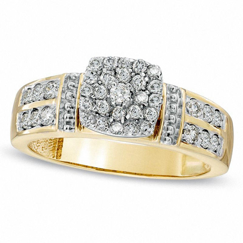 0.38 CT. T.W. Natural Diamond Cluster Double Row Engagement Ring in Solid 10K Yellow Gold