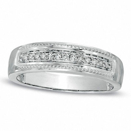 Ladies' 0.10 CT. T.W. Natural Diamond and Milgrain Wedding Band in Solid 10K White Gold