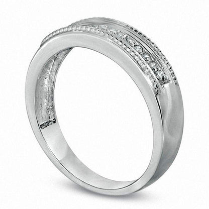 Ladies' 0.10 CT. T.W. Natural Diamond and Milgrain Wedding Band in Solid 10K White Gold