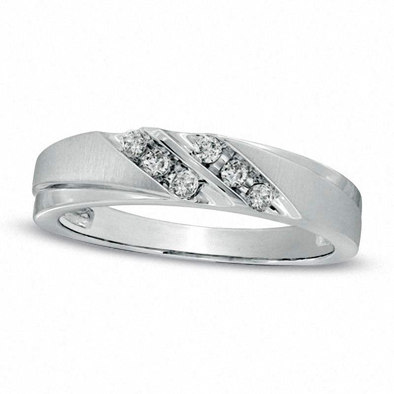 Ladies' 0.10 CT. T.W. Natural Diamond Grooved Wedding Band in Solid 10K White Gold