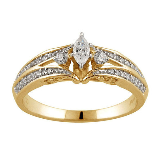 0.50 CT. T.W. Marquise Natural Diamond Three Stone Engagement Ring in Solid 10K Yellow Gold