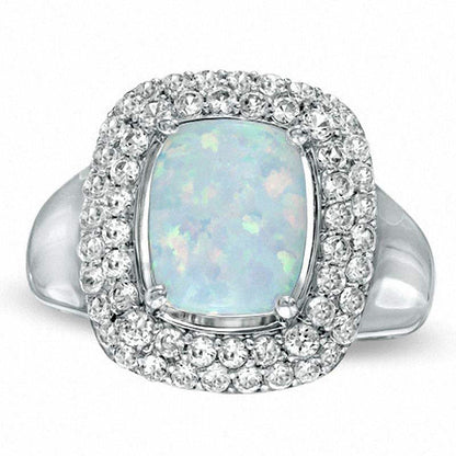 Cushion-Cut Lab-Created Opal and White Sapphire Ring in Sterling Silver