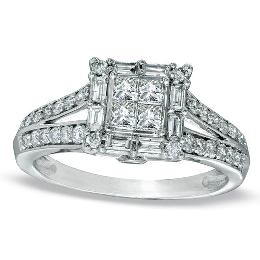 0.75 CT. T.W. Quad Princess-Cut Natural Diamond Square Frame Engagement Ring in Solid 14K White Gold