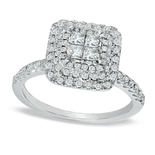 0.75 CT. T.W. Quad Princess-Cut Natural Diamond Square Frame Engagement Ring in Solid 14K White Gold