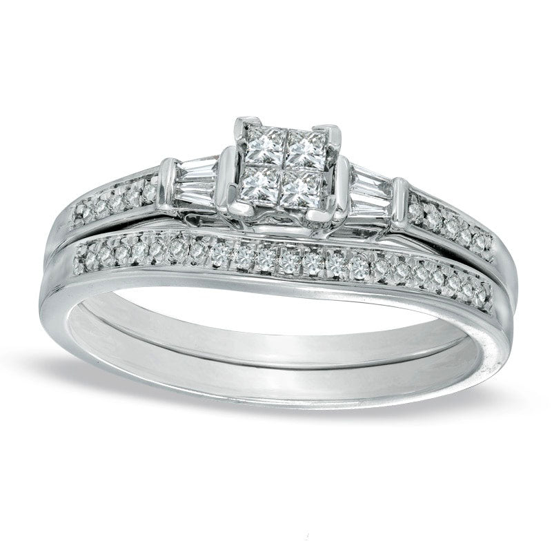 0.33 CT. T.W. Quad Princess-Cut Natural Diamond Bridal Engagement Ring Set in Solid 10K White Gold