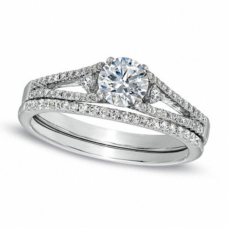 0.75 CT. T.W. Natural Diamond Three Stone Bridal Engagement Ring Set in Solid 14K White Gold