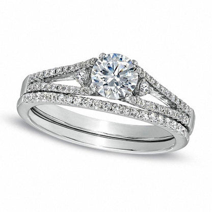 0.75 CT. T.W. Natural Diamond Three Stone Bridal Engagement Ring Set in Solid 14K White Gold