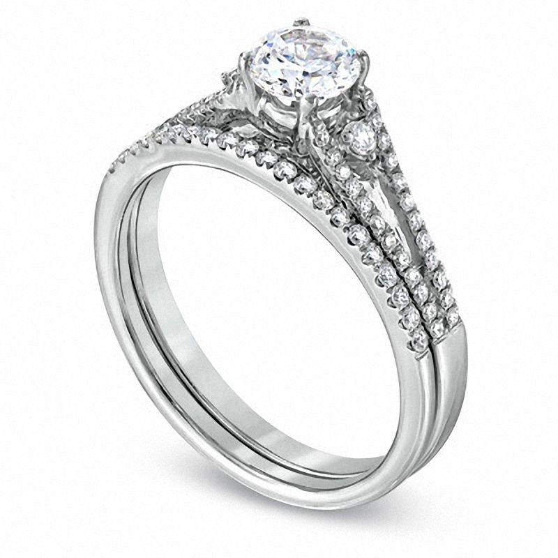 0.75 CT. T.W. Natural Diamond Three Stone Bridal Engagement Ring Set in Solid 14K White Gold