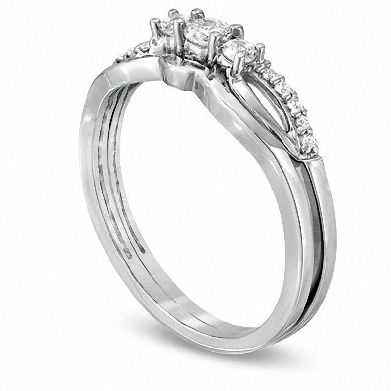 0.25 CT. T.W. Natural Diamond Three Stone Split Shank Bridal Engagement Ring Set in Sterling Silver