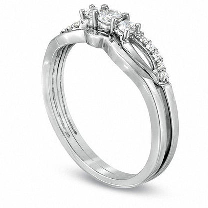 0.25 CT. T.W. Natural Diamond Three Stone Split Shank Bridal Engagement Ring Set in Sterling Silver