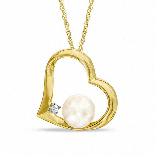 6.0 - 6.5mm Cultured Freshwater Pearl and Natural Diamond Accent Heart Pendant in 10K Yellow Gold
