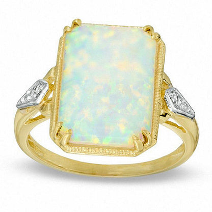 Rectangular Lab-Created Opal and Diamond Accent Ring in Solid 10K Yellow Gold
