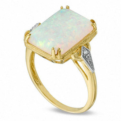 Rectangular Lab-Created Opal and Diamond Accent Ring in Solid 10K Yellow Gold