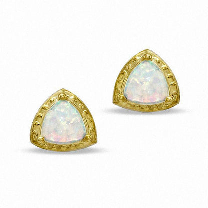 7.0mm Trillion-Cut Lab-Created Opal Stud Earrings in 10K Gold