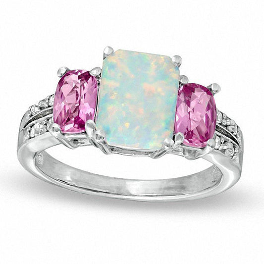 Cushion-Cut Lab-Created Opal, Pink Sapphire and Diamond Accent Ring in Solid 10K White Gold