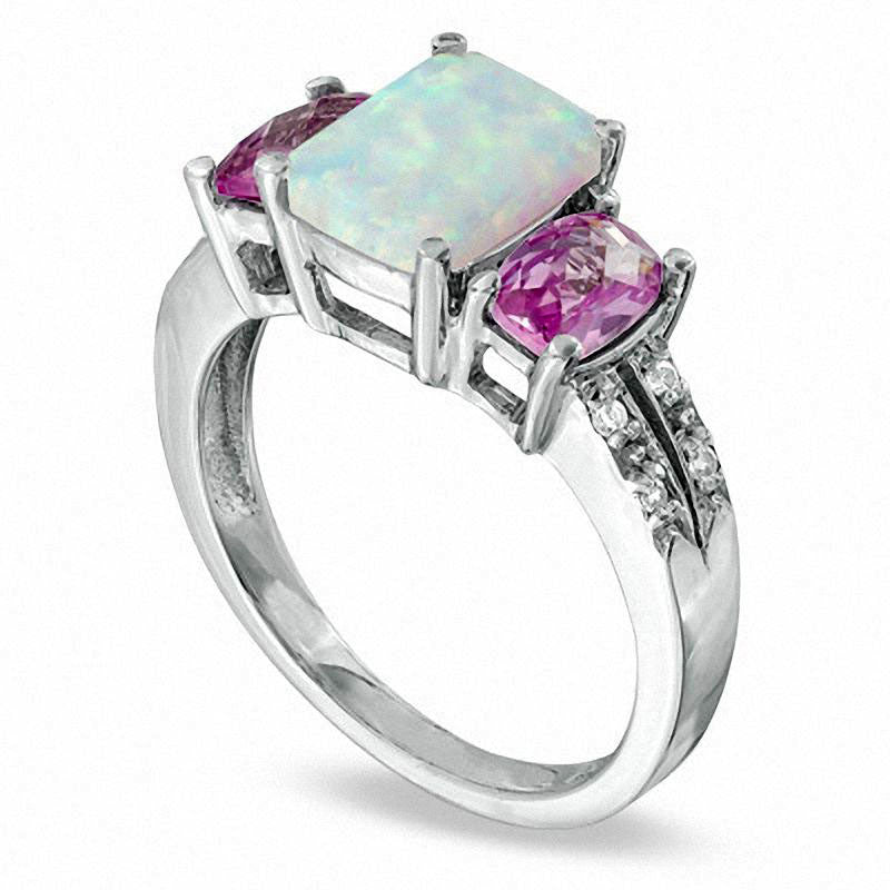Cushion-Cut Lab-Created Opal, Pink Sapphire and Diamond Accent Ring in Solid 10K White Gold