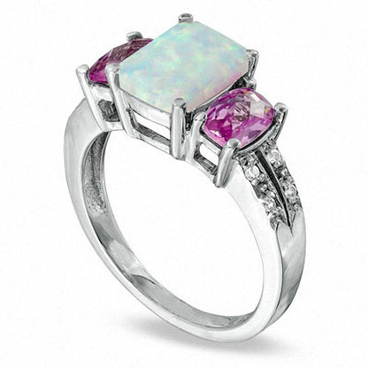 Cushion-Cut Lab-Created Opal, Pink Sapphire and Diamond Accent Ring in Solid 10K White Gold