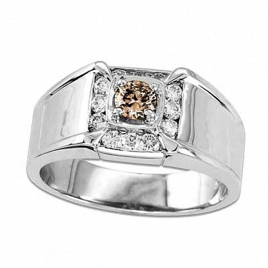 Men's 0.63 CT. T.W. Enhanced Champagne and White Natural Diamond Ring in Solid 14K White Gold