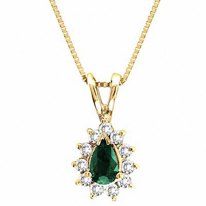 Pear-Shaped Emerald and 0.13 CT. T.W. Natural Diamond Pendant in 14K Gold - 16"