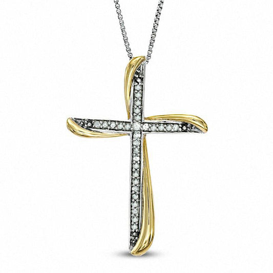 0.13 CT. T.W. Natural Diamond Twist Cross Pendant in Sterling Silver and 14K Gold Plate