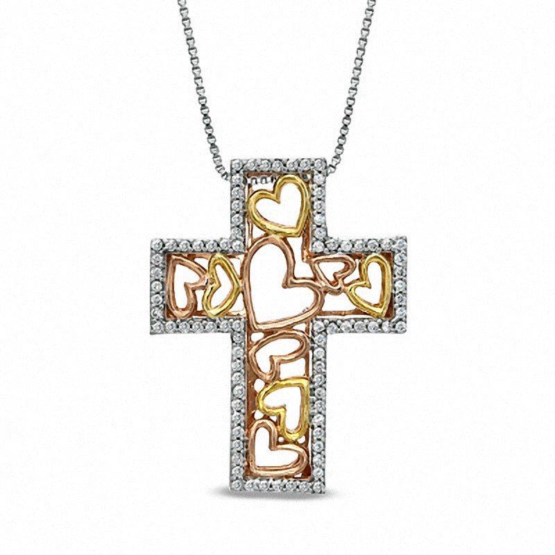 0.2 CT. T.W. Natural Diamond Cross Filled with Hearts Pendant in Sterling Silver and 14K Two-Tone Gold Plate
