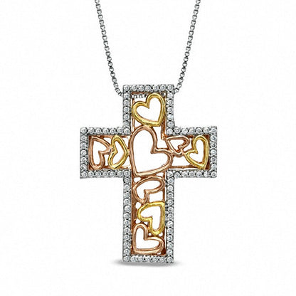0.2 CT. T.W. Natural Diamond Cross Filled with Hearts Pendant in Sterling Silver and 14K Two-Tone Gold Plate