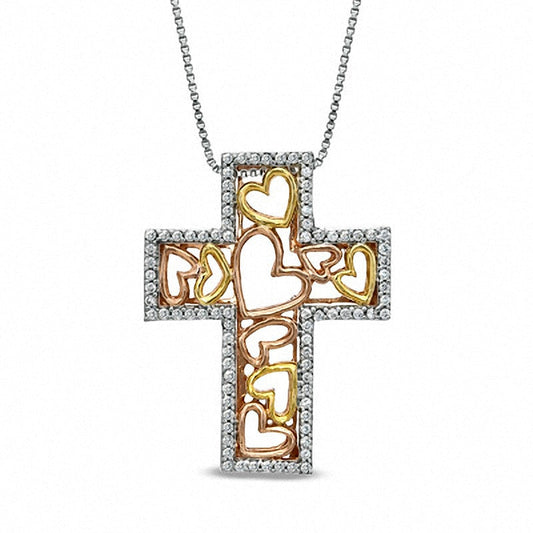 0.2 CT. T.W. Natural Diamond Cross Filled with Hearts Pendant in Sterling Silver and 14K Two-Tone Gold Plate