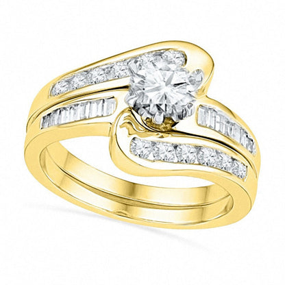 1.25 CT. T.W. Natural Diamond Swirl Bridal Engagement Ring Set in Solid 10K Yellow Gold