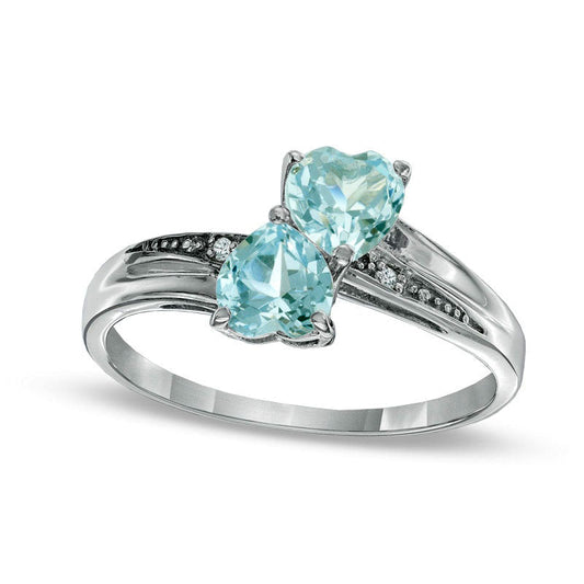 Heart-Shaped Simulated Aquamarine and Natural Diamond Accent Double Heart Ring in Sterling Silver