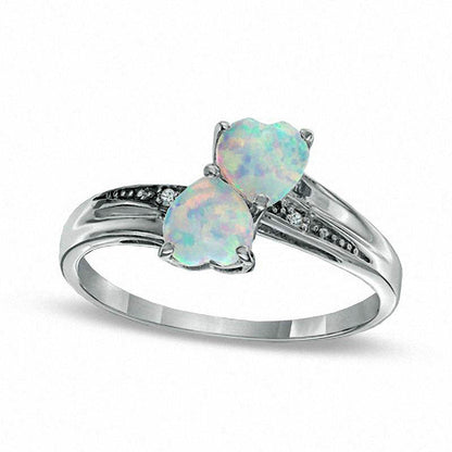 Heart-Shaped Lab-Created Opal and Diamond Accent Double Heart Ring in Sterling Silver