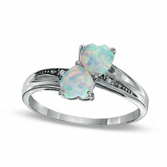 Heart-Shaped Lab-Created Opal and Diamond Accent Double Heart Ring in Sterling Silver