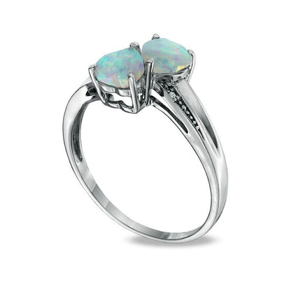 Heart-Shaped Lab-Created Opal and Diamond Accent Double Heart Ring in Sterling Silver