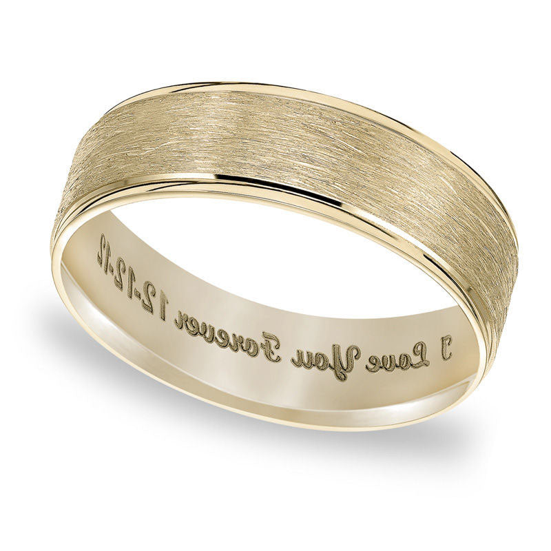 Men's 6.0mm Engraved Satin Wedding Band in Solid 10K Yellow Gold (25 Characters)