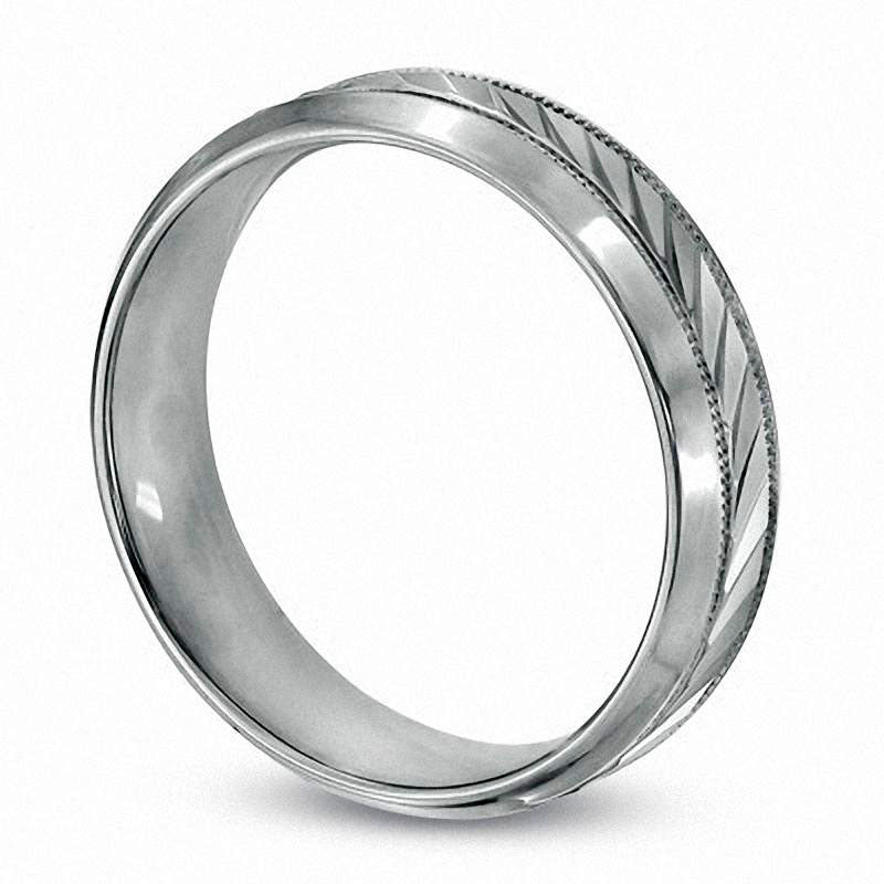 Men's 6.0mm Diagonal Etched Comfort Fit Milgrain Wedding Band in Sterling Silver