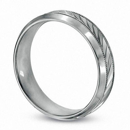 Men's 6.0mm Diagonal Etched Comfort Fit Milgrain Wedding Band in Sterling Silver