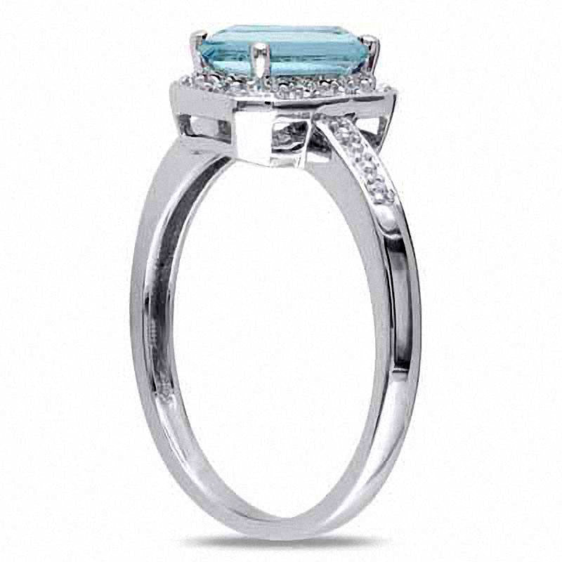 Emerald-Cut Aquamarine and 0.05 CT. T.W. Natural Diamond Promise Ring in Sterling Silver