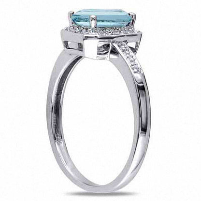 Emerald-Cut Aquamarine and 0.05 CT. T.W. Natural Diamond Promise Ring in Sterling Silver